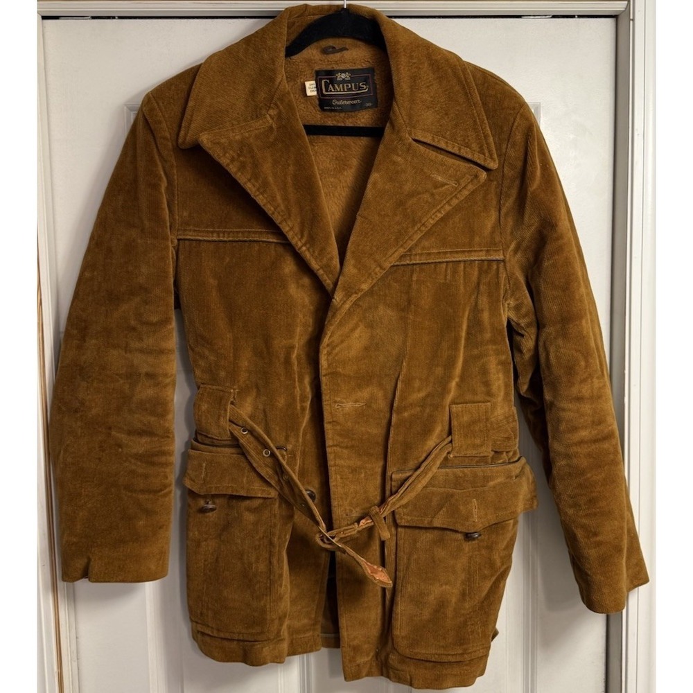 Vintage Campus Outerwear Chore Coat Men's 38 Brown Corduroy Button Lined USA‎